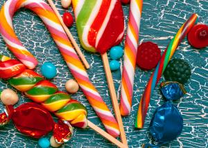 Various types of candy spread out.