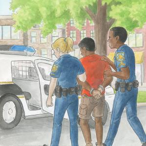 Illustration showing officers Jack and Kate in police uniforms flank a handcuffed home invasion suspect while escorting him to car 14 for transport to jail.
