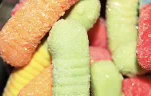 Sour worms in a pile.