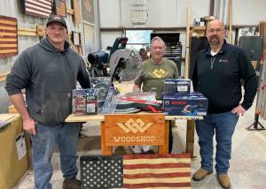 Warriors Heart announces a collaboration with Bosch Power Tools to help warriors struggling with addiction, PTSD and co-occurring issues. L to R: Joel Courtney (shop manager), David McKeown, Joel Rodriguez (Bosch).