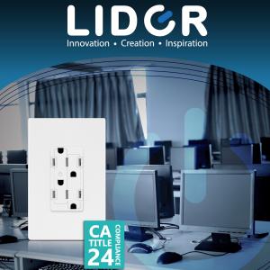 This image shows the Lider company logo and an image of the Flexiports Receptacle, with a background of an office.