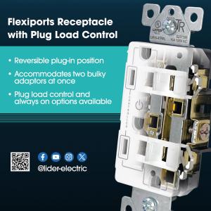 This is an image of the Flexiports Outlet with it's internal features showing, as well as a list of the device's features.