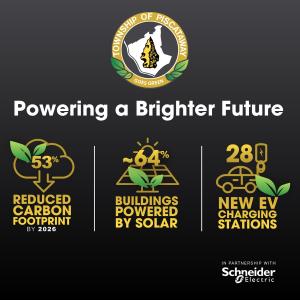 The seal of the Township of Piscataway, a golden arrowhead against an illustration of the shape of Middlesex County, NJ, surrounded by a golden circle decorated with two green leaf clusters. The circle reads, Township of Piscataway Goes Green.