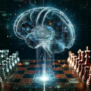 Digital brain on a strategic roadmap, representing AI-driven strategic insights.