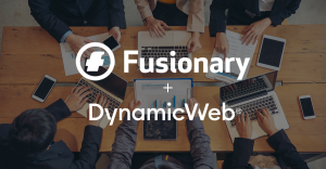 Photo saying Fusionary + DynamicWeb to show eCommerce partnership with laptops and hands as background to