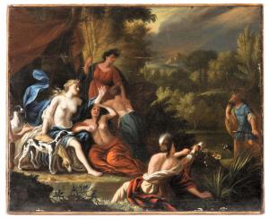 Oil on canvas by the Dutch Master Jacob De Wet (1610-1675), titled Bath of Diana, 21 ½ inches by 26 inches, signed lower left. De Wet was influenced by Rembrandt (est. $2,000-$6,000).