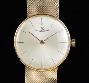 14kt gold Baume & Mercier wristwatch, made in Switzerland in the 20th century, sporting a white face with line chapter marks and housed in a 14kt gold case (est. $1,000-$3,000).
