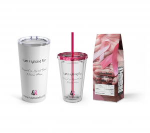 bag of coffee, an iced coffee tumbler and a stainless coffee tumbler