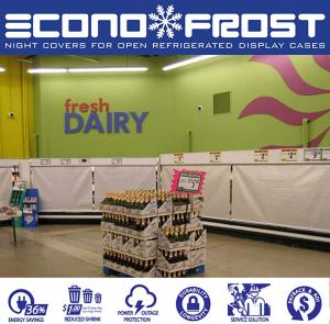 "An image showing an Econofrost Aluminum Night Cover installed on a refrigerated display case in a supermarket."