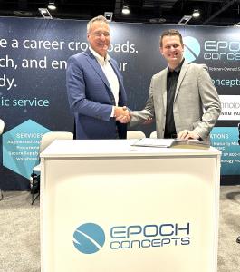 Kevin Mackey, Epoch Concepts President (left), and Dan Schutter, Space Interactions CEO and Co-Founder (right), officialize a deal to deliver on-prem cloud solutions to joint customers during the 39th Space Symposium in Colorado Springs, Colo.