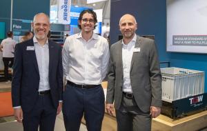 Standing from left to right: Henry Puhl, Alex Stevens, Christoph Wolkerstorfer. Together at the TGW Logistics booth at LogiMat 2024.