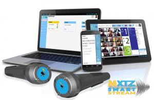 MXTZ's Smart Stream Enterprise Platform displayed on a laptop, tablet, and phone with a microphone, emphasizing IoTs, Mobile Apps, and a Media Platform.