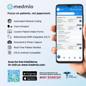 Photo of a healthcare provider holding the Medmio app showing the patient worklist, with some bullet points explaining key features, including one-click charge capture, automated medical coding, mobile patient intake, voice recognition, document capture, 