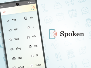 A mockup of the Spoken app overlaying a background with many of the icons from update 1.8.8 blended in. The Spoken logo is also present.