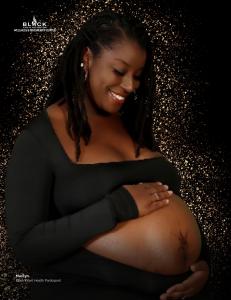 A Black, pregnant woman smiling with gold sparkles outlining her