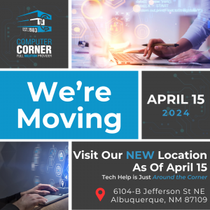 Computer corner logo with 2 images of hands typing at computers. Text on the graphic announces Computer Corner's move to 6104-B Jefferson St. NE on April 15.