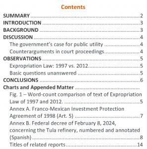 Table of contents of MEI 980, showing the sections of the report and the titles of appended matter.