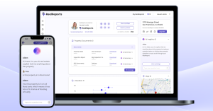 An image of the RealReports product on both a laptop and smart phone. The photo shows the product's interface including property data, an AI copilot with chat capabilities, a map, and other features.