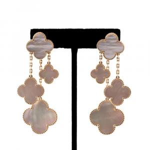 Pair of Van Cleef & Arpels Alhambra mother of pearl dangle drop earrings in 18k yellow gold with white club shaped tablets comes with clip and removable post assemblies (est. $6,000-$11,000).
