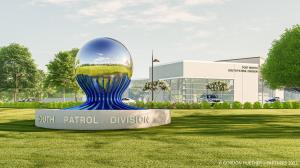 Gordon Huether's glass, mirror-finish stainless steel sphere at the heart of the 11-foot 8-inch tall sculpture entitled, "Vision" at the Fort Worth Police Dept South Division - Image 1