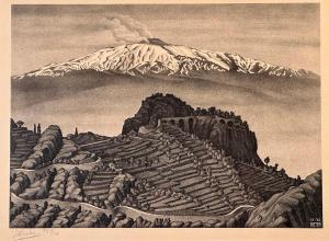 Lithograph on paper by Maurits Cornelis (M.C.) Escher (Dutch, 1898-1972), titled Castel Mola and Mount Edna, Sicily, signed, a rare early litho from the artist (est. $12,000-$18,000).