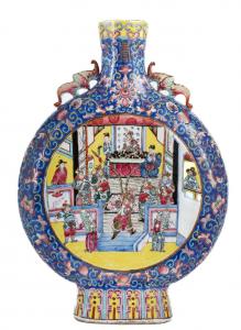 Important 19th century Chinese porcelain moon flask, 19 ½ inches tall, each side painted with large reserves of figures and bat form handles applied to the base of the neck (est. $5,000-$10,000).