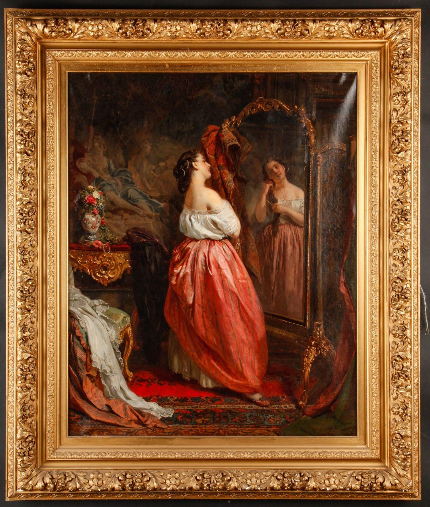 Oil on canvas painting by the German-born French genre and portrait painter Henri-Guillaume Schlesinger (1814-1893), titled At the Mirror, signed and dated 1863 (est. $10,000-$20,000).