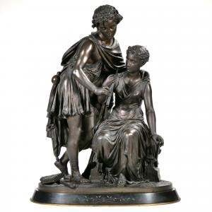 Bronze sculpture on a conforming plinth, signed “L. Gregoire”, for Jean-Louis Gregoire (French, 1840-1890), titled Flute players, 24 inches tall, 19 inches wide (est. 2,000-$3,000).