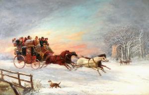Oil on board by Samuel Henry Gordon Alken (British, 1810-1894), titled Winter, depicting riders in a carriage in a snowy landscape before a sunset, signed (est. $1,000-$2,000).