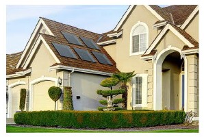The image shown is five attic mount solar assemblies. Each assembly is attached to the roof opening and covered with a skylight.