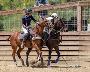 Two polo players ride after ball during play