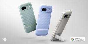 The image features three cases. Two of them are Parallax in the color Sage Green and Purple-ish. The last case is the Capella Kickstand, shown with the kickstand in use. There is a Made For Google logo in the bottom right.