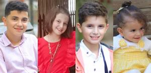 Individual portraits of four children, Mohammed, Mona, Abdallah, and Rasha, who are part of the Alhabbash family transitioning from Gaza to Canada.