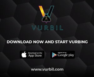 Vurbil logo on black background with information about where to download the app