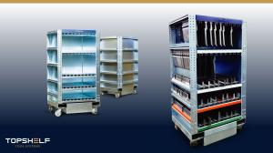 A promotional image of two configurations of the Top Shelf Tool Tower: the left side shows an empty cart and the back side featuring additional tool storage, while the right side displays the cart fully stocked with various press brake tools, demonstratin