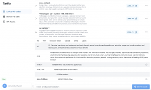 A screenshot of Tariffy Dashboard displaying HS codes