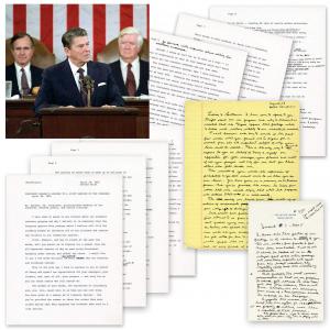 A 1981 speech draft extensively annotated by Ronald Reagan, with over 450 words in his hand, plus edits, cross-outs and arrows, relating to Reaganomics (est. $12,000-$15,000).