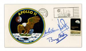 Type 3 Apollo XI insurance cover signed by the members of the first NASA moon mission: Neil Armstrong, Buzz Aldrin and Michael Collins, postmarked July 16, 1969 (est. $9,000-$12,000).