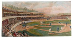 Rare color photogravure after Henry Sandham by Boussod, Valadon & Cie., circa 1896, depicting the 1894 Temple Cup baseball playoff game between the Baltimore Orioles and the New York Giants (est. $6,000-$8,000).