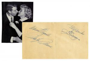Hotel restaurant table decoration for the Palm Terrace, Beverly Hills Hotel, boldly signed by Marilyn Monroe and Joe DiMaggio, circa summer 1952, two years before they were married (est. $15,000-$25,000).