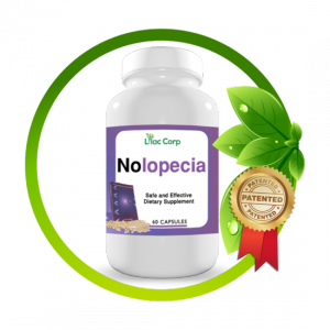A supplement bottle with a label that reads Nolopecia