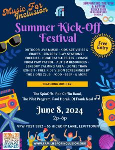 Music For Inclusion Summer Kick-Off Festival Concert - June 8, 2p-6p @ VFW Post 9592, 55 Hickory Lane, Levittown