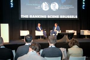 The Banking Scene Founder Rik Coeckelbergs on stage in Brussels 2023 engaged in a fireside chat with Charles McManus the CEO of Clearbank