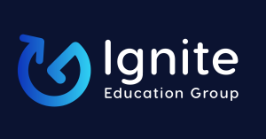 Dark blue background with white text, "Ignite Education Group" and a gradient blue arrow