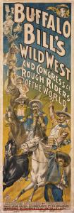 Poster art, Mexicains Ruralies et Vacqueros. Many Vacqueros are shown on horseback and/or playing musical instruments. Poster reads, "Buffalo Bill's Wild West and Congress of Rough Riders of the World." There is also text written in French on the bottom o