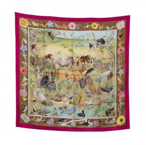 Kermit Oliver (American/Texas b. 1943), for Hermes 2015 'La Vie Sauvage du Texas' silk scarf, 35 inches square, depicting the wildlife of Texas, with a rose pink border of birds ($3,932).
