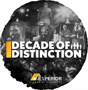 a black and white badge with images of happy people from a previous Experior Financial Group convention along with the Conventions Logo Decade of Distinction in large white letters