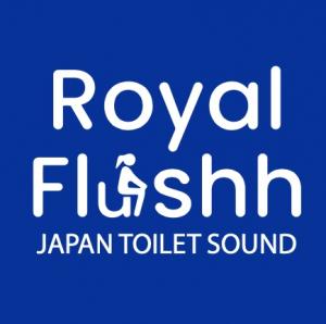 A blue and white logo for Royal Flushh Japan Toilet Sound