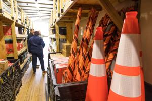 Tempest managers inside one of the Mobile Stores parked at Tempest Storm Rental’s Covington, La., headquarters discuss equipment and gear for line workers to purchase prior to dispatching the vehicle.