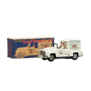 Japanese-made 1950s Linemar toy Good Humor Ice Cream delivery truck, modeled after a Ford F-250 and marked on the box and rear underside of the toy (CA$3,245).